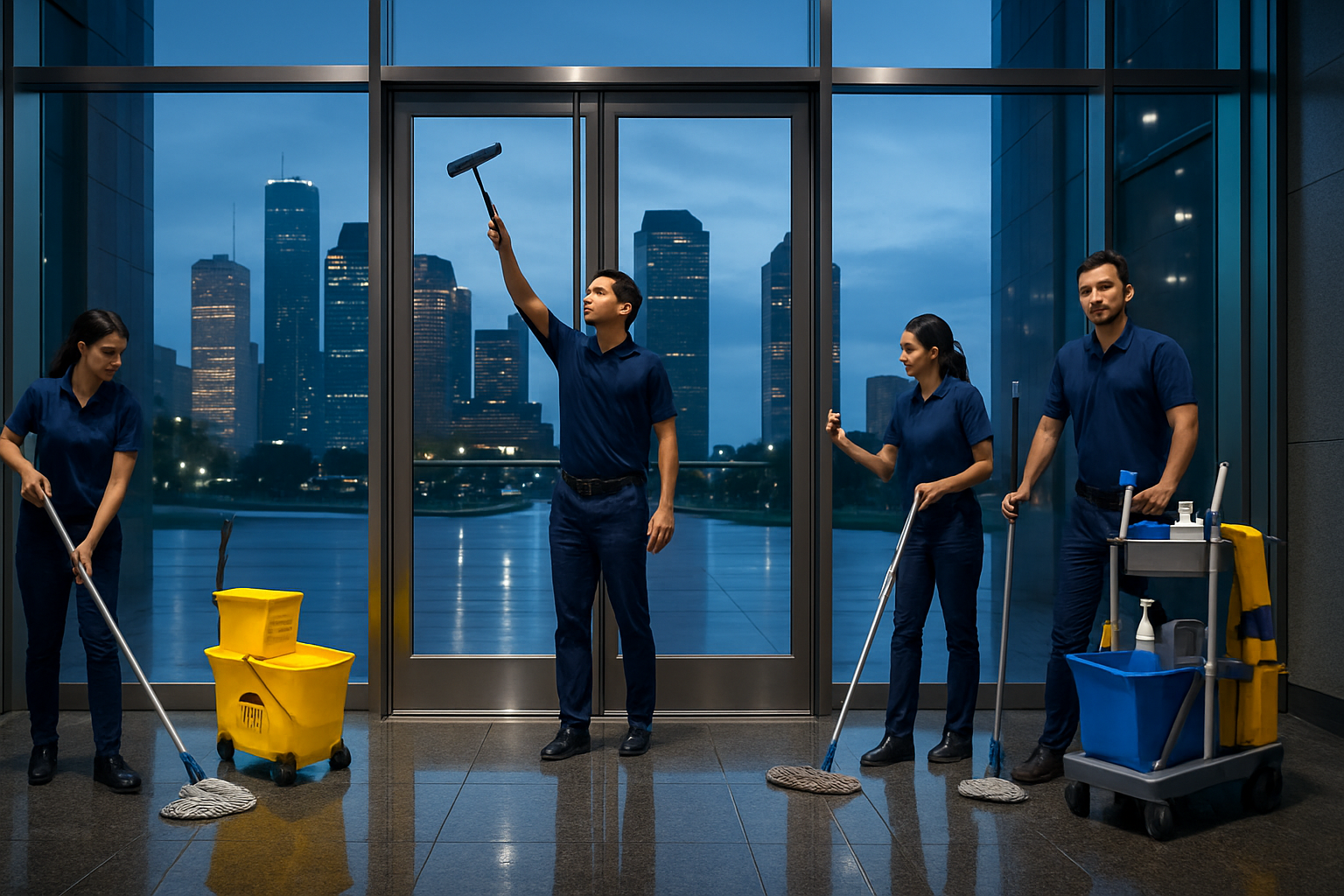 Janitorial crew cleaning a commercial office lobby in Houston