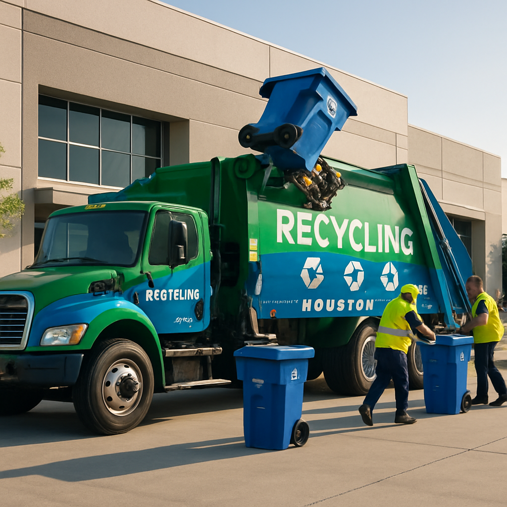 Commercial recycling truck collecting bins in Houston